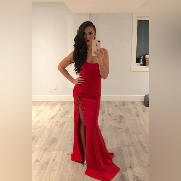 Red floor length ball gown with slit by Claire New York size 6 - Picture 2 of 9